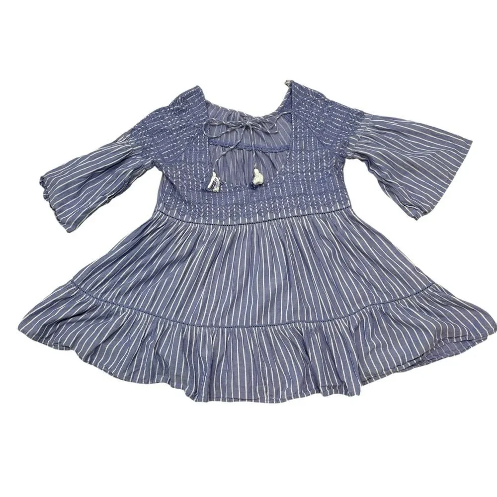 Free People Blue Lola Embroidered Ruffle Striped Mini Dress Size M